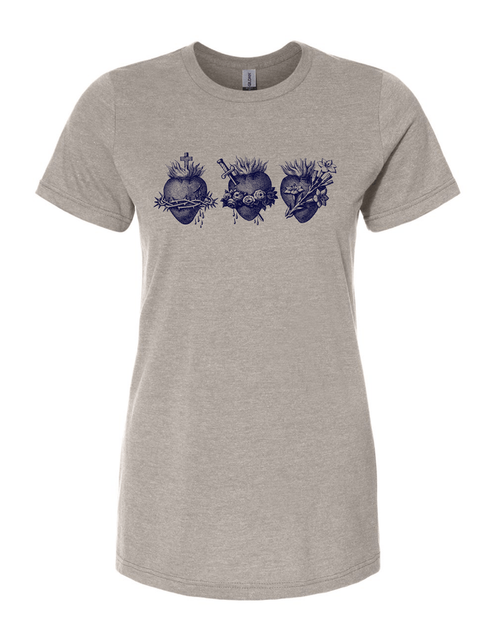 Gray t-shirt with the Holy Family hearts design on a white background