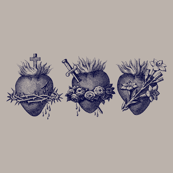 Three illustrations of sacred hearts with various elements on a beige background