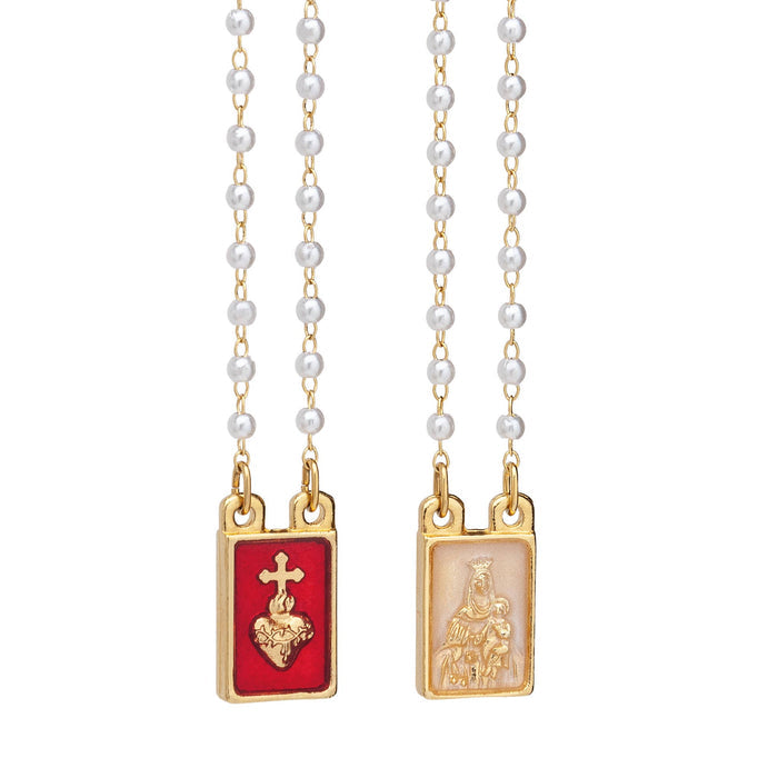Lady's Scapular- Sacred Heart + Lady Mt. Carmel Pearl Beads