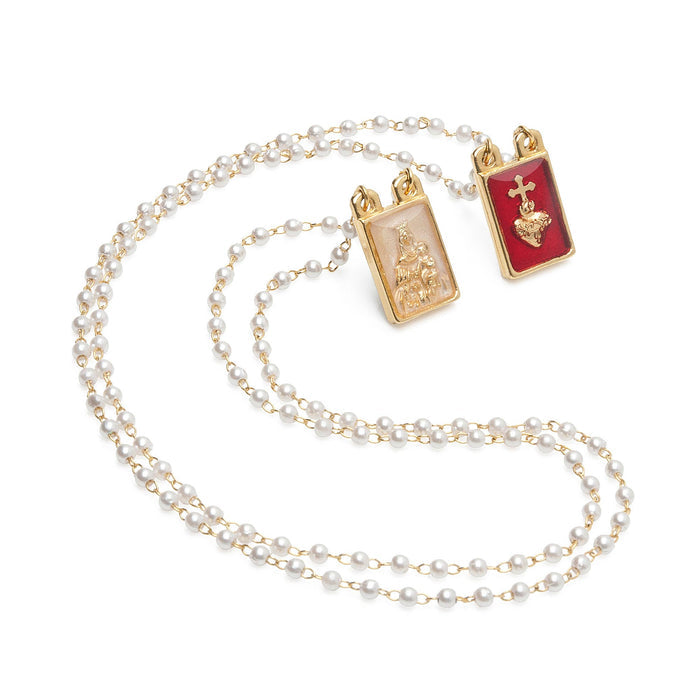 Lady's Scapular- Sacred Heart + Lady Mt. Carmel Pearl Beads
