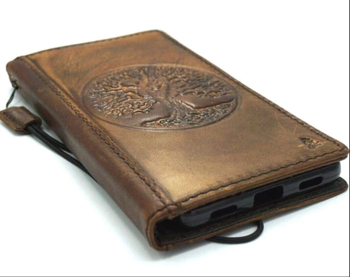 Leather Galaxy Phone Wallet Case: Embossed Tree of Life, Vintage Style