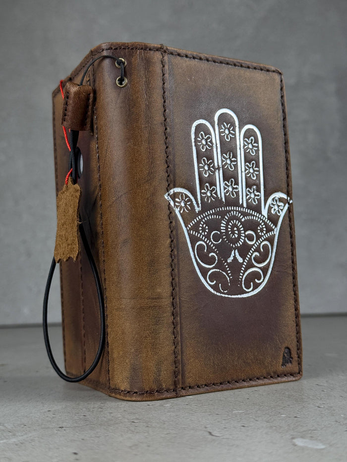 Leather iPhone Wallet Case: Hamsa Book Style, ID Window