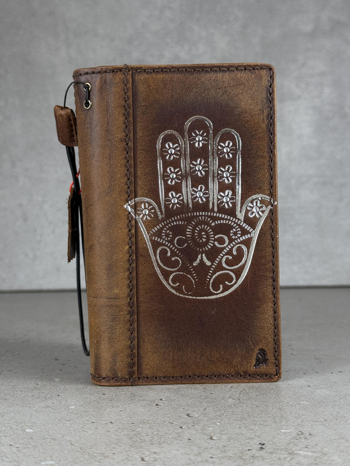 Leather iPhone Wallet Case: Hamsa Book Style, ID Window