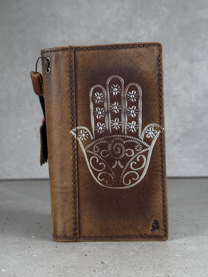 Leather iPhone Wallet Case: Hamsa Book Style, ID Window