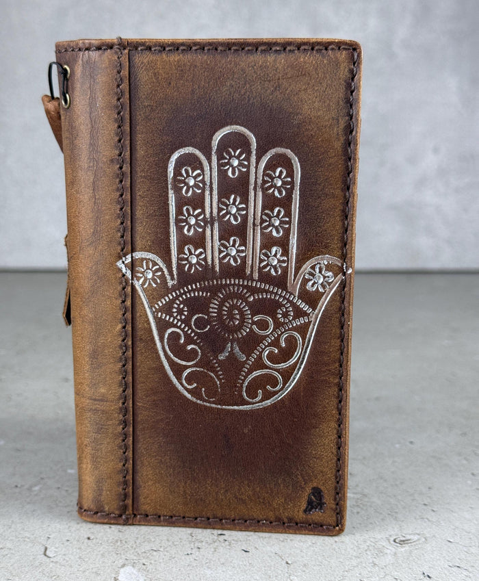 Leather iPhone Wallet Case: Hamsa Book Style, ID Window