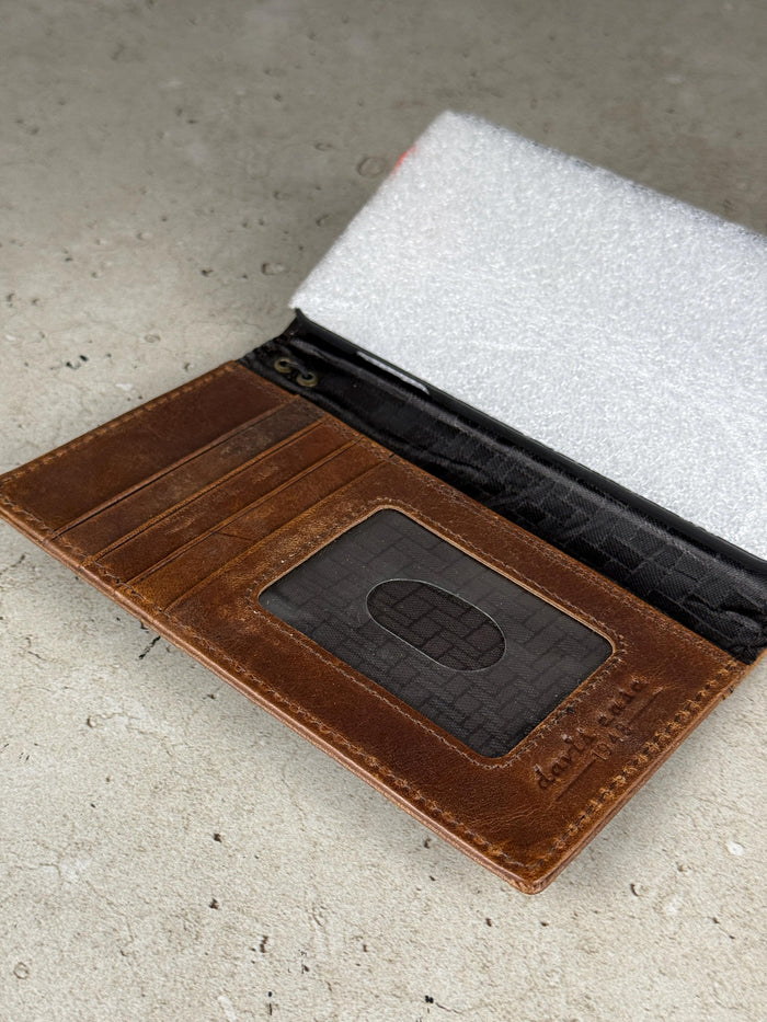 Leather iPhone Wallet Case: Hamsa Book Style, ID Window