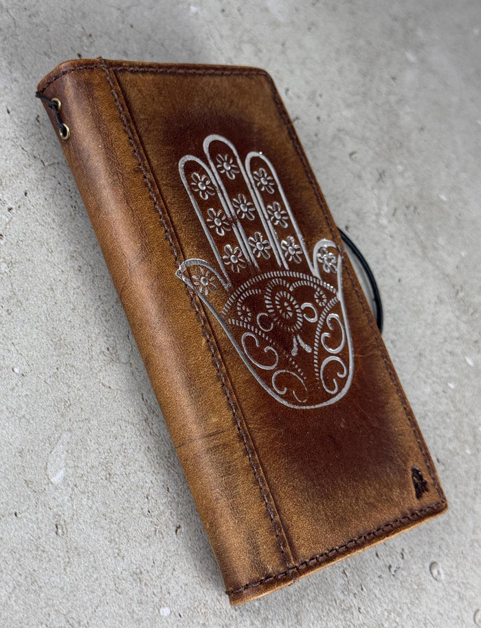 Leather iPhone Wallet Case: Hamsa Book Style, ID Window