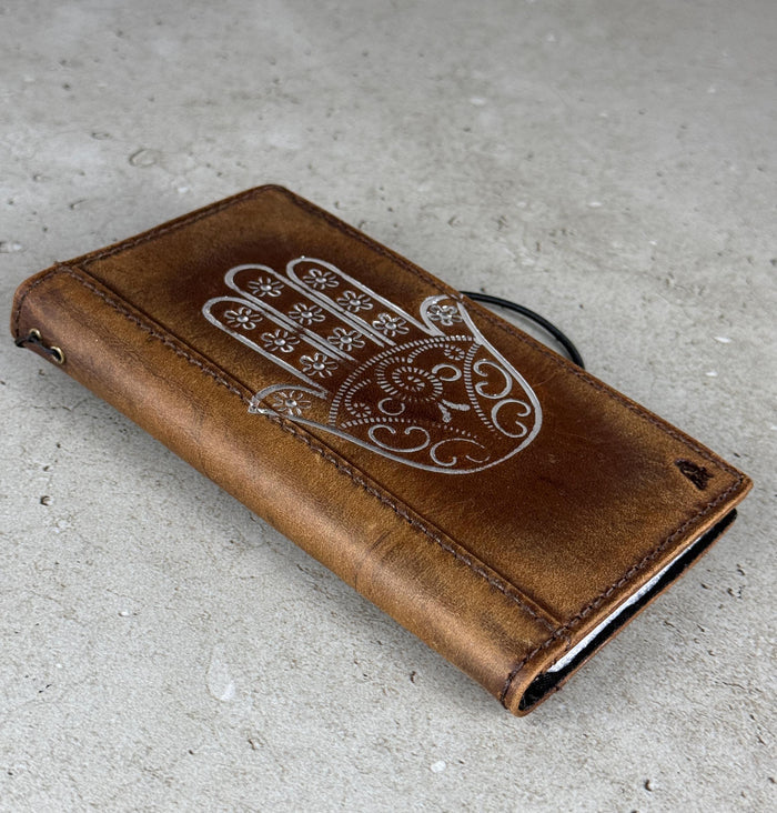 Leather iPhone Wallet Case: Hamsa Book Style, ID Window