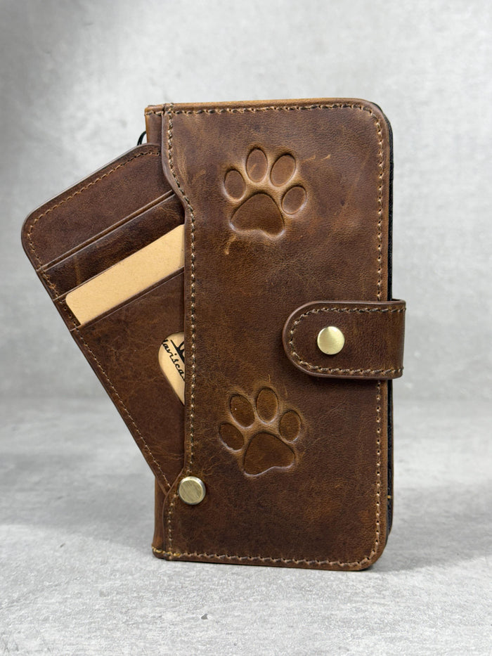 Leather iPhone Wallet Case: Paw Print, Card Slots - iPhone 11 to 17 Pro Max