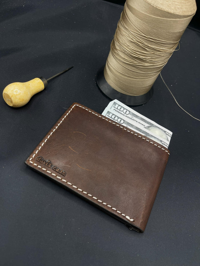 Leather wallet 4 card slots 2 bill compartments thin design Hand-Stitched  Davidov art