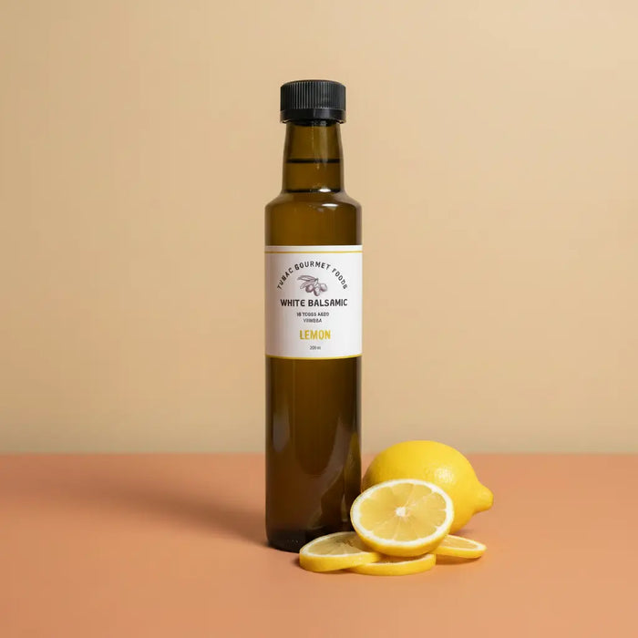 Lemon White Balsamic Vinegar 250ml bottle on warm terracotta surface