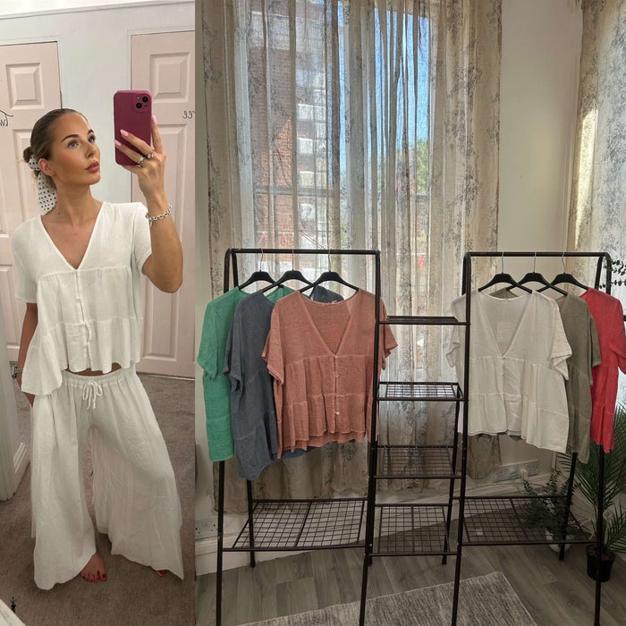 Lenora Waffle Linen Button Top