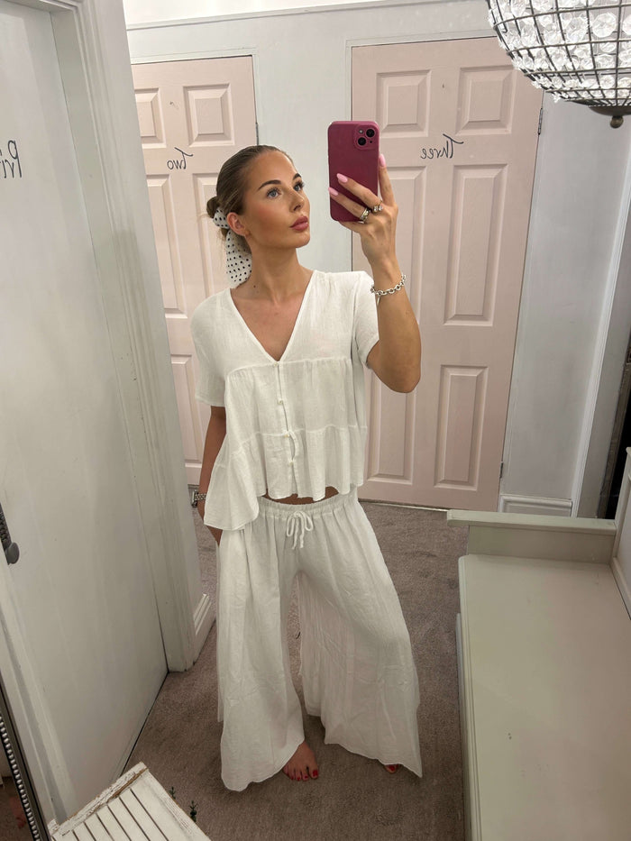 Lenora Waffle Linen Button Top