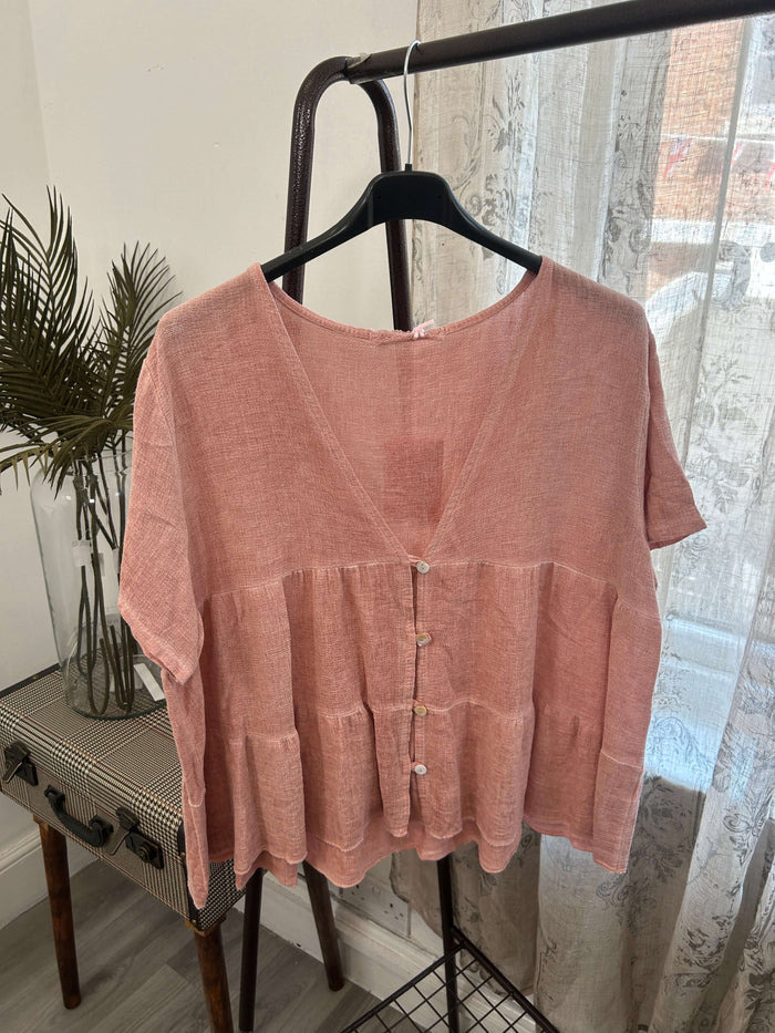 Lenora Waffle Linen Button Top