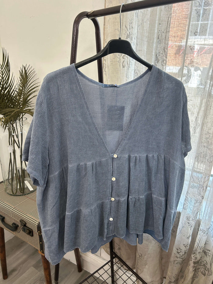 Lenora Waffle Linen Button Top