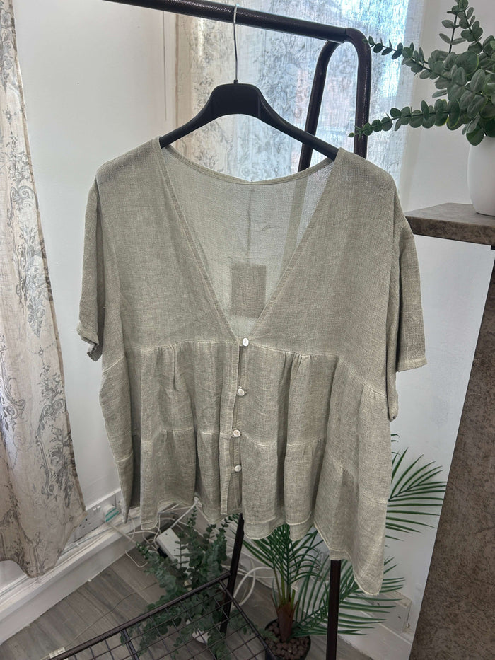 Lenora Waffle Linen Button Top