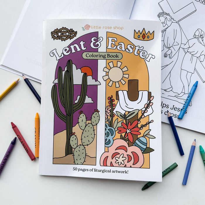 Lent & Easter coloring book with illustrations of a cactus, sun, and flowers on a white surface with coloring pencils.
