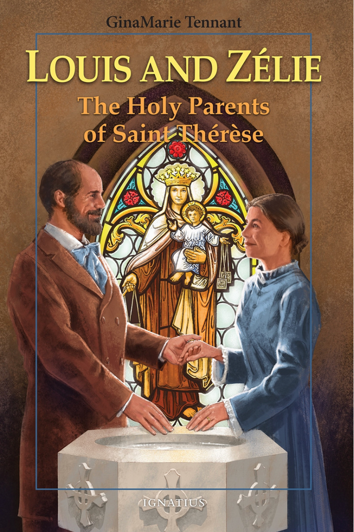 Book cover of 'Louis and Zélie: The Holy Parents of Saint Thérèse' with a stained glass window and two people in front.