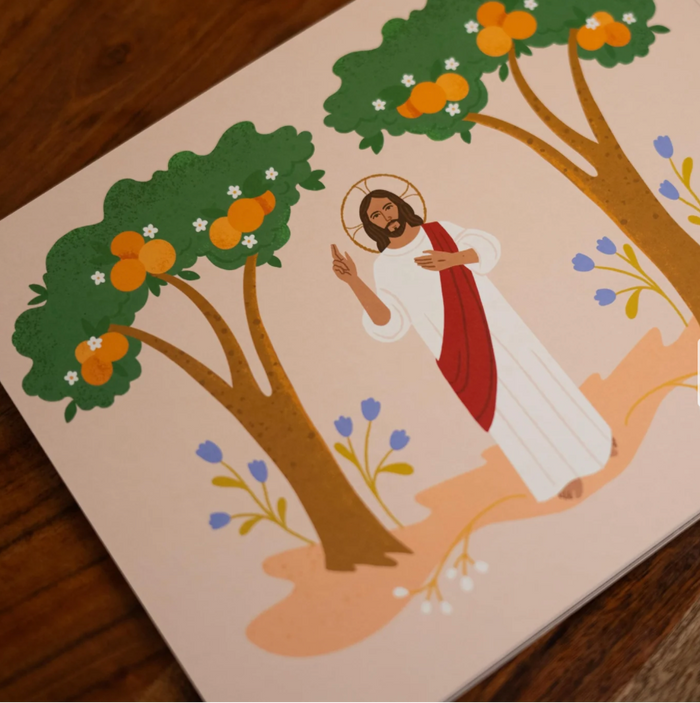 Illustration of Jesus between two trees with oranges on a wooden surface