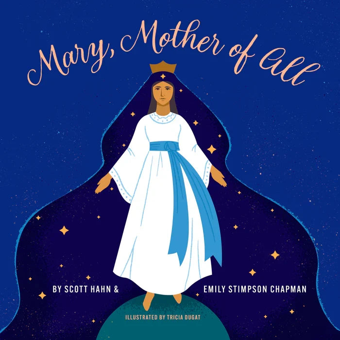 Book cover of 'Mary, Mother of All' with a stylized illustration of Mary against a dark blue background.