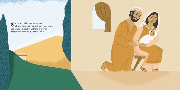 Illustration of a man and woman holding a baby, with text on a scenic background