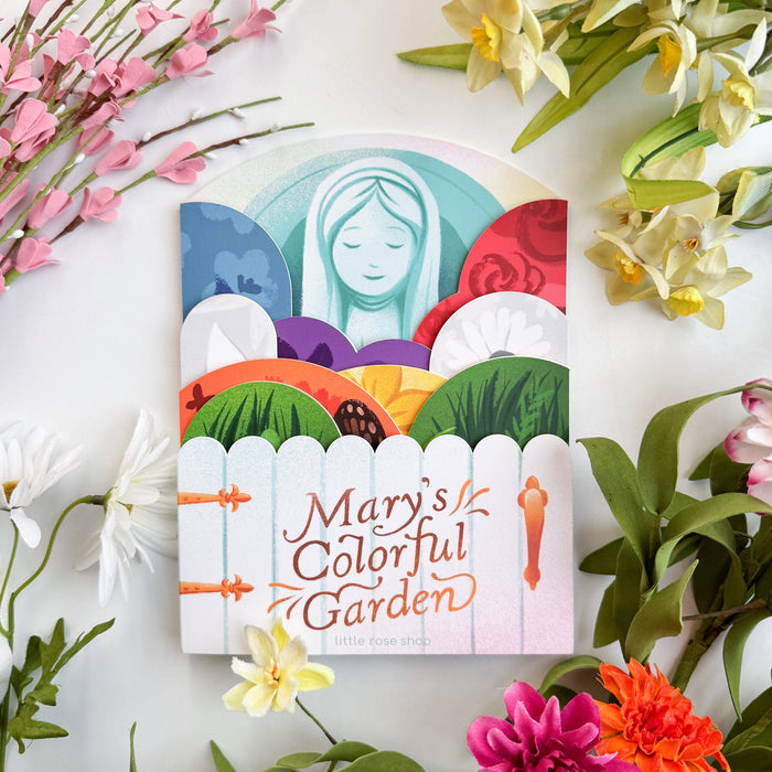 Children's book titled 'Mary's Colorful Garden' surrounded by flowers on a white background