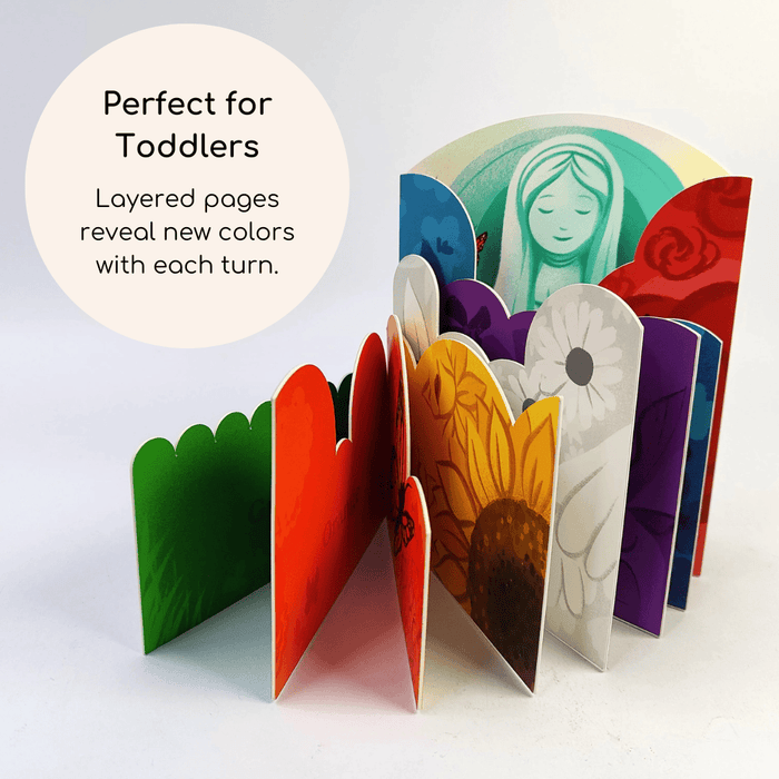 Colorful children's book with layered pages on a white background