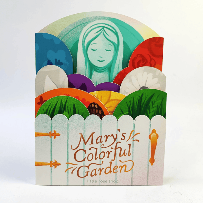 Colorful book titled 'Mary's Colorful Garden' with a garden scene illustration on a white background.