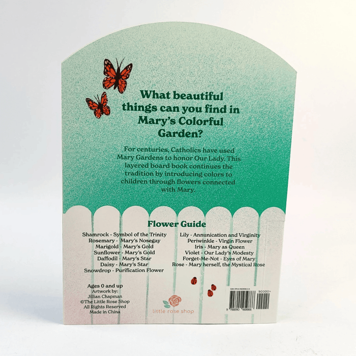 Back cover of a book titled 'Mary's Colorful Garden' with text and illustrations on a white background.