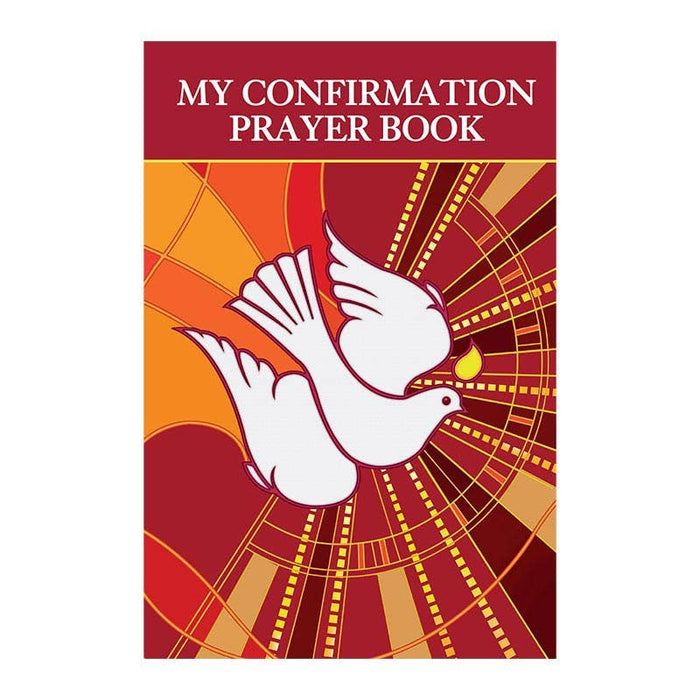 Book cover of 'My Confirmation Prayer Book' with a dove and cross design on a red and orange background.