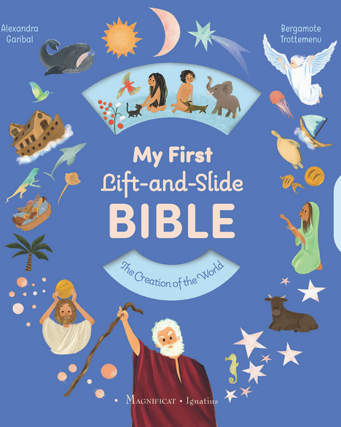 Cover of 'My First Lift-and-Slide Bible: The Creation of the World' with illustrations and text on a blue background.