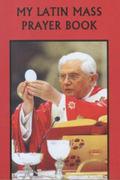 Book cover of 'My Latin Mass Prayer Book' featuring a priest in red holding Eucharist