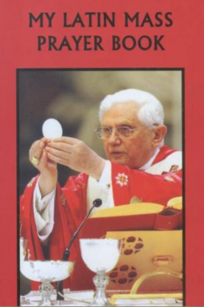 Book cover of 'My Latin Mass Prayer Book' featuring a priest in red holding Eucharist