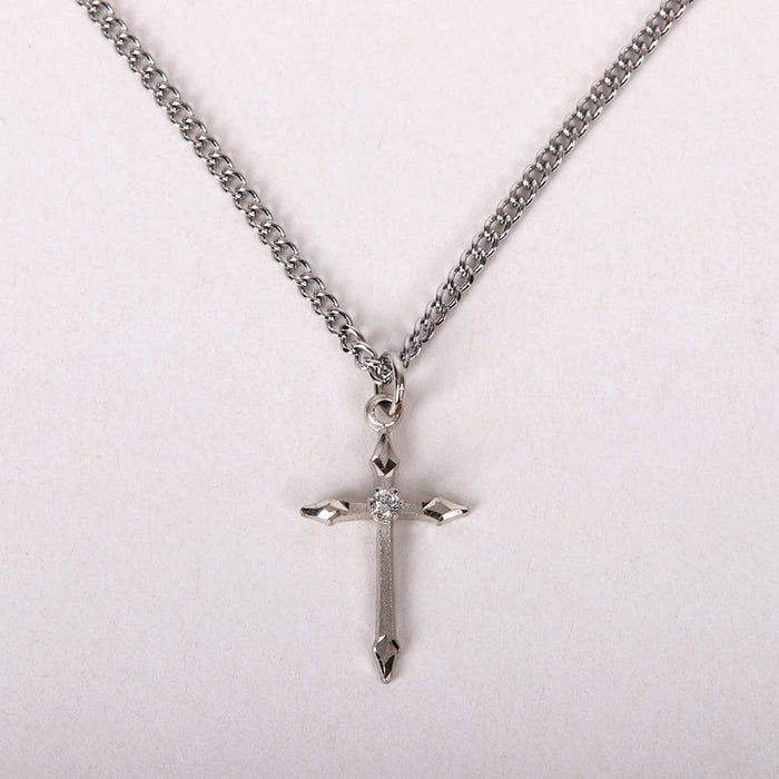 Necklace Cross Stone SS 16-18" Platinum Plated Brass Chain