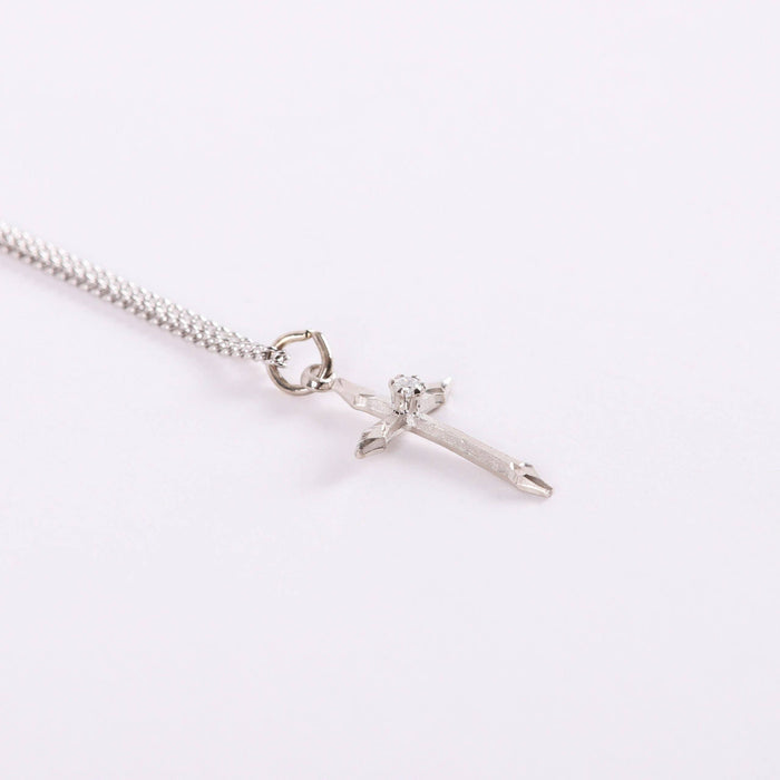 Necklace Cross Stone SS 16-18" Platinum Plated Brass Chain