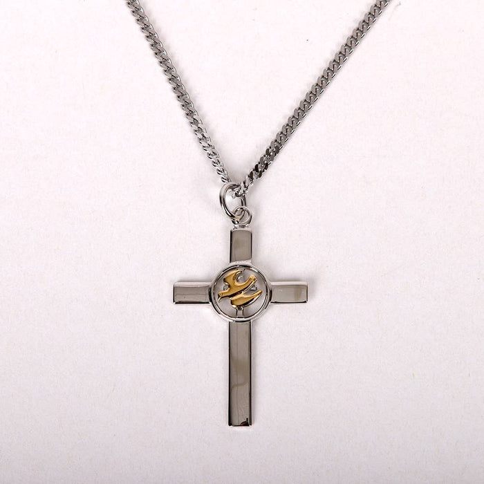 Silver cross necklace with a central emblem on a white background