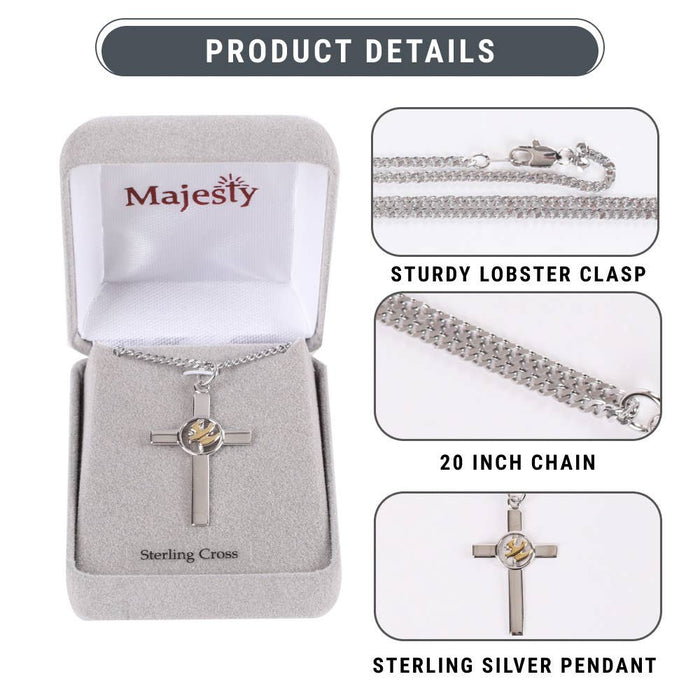 Sterling silver cross necklace in a Majesty box with product details.