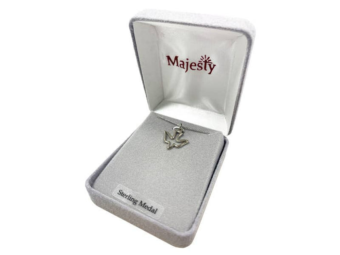 Silver pendant in a Majesty branded jewelry box on a white background