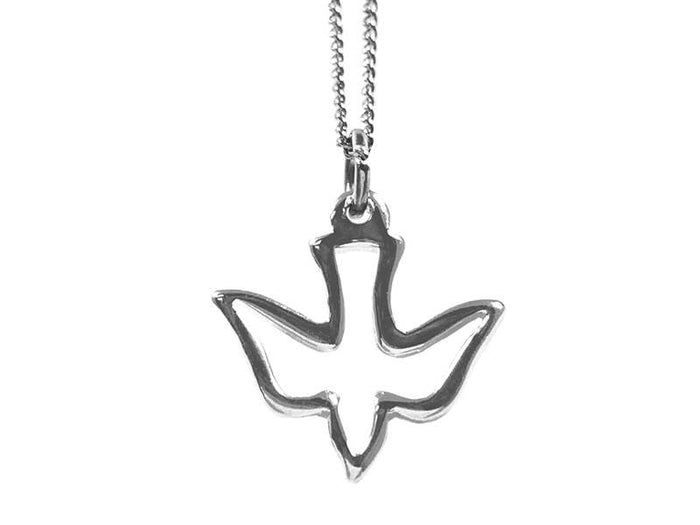 Silver necklace with a unique pendant on a white background