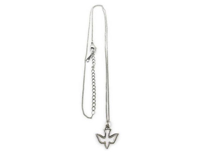 Silver necklace with a dove-shaped pendant on a white background