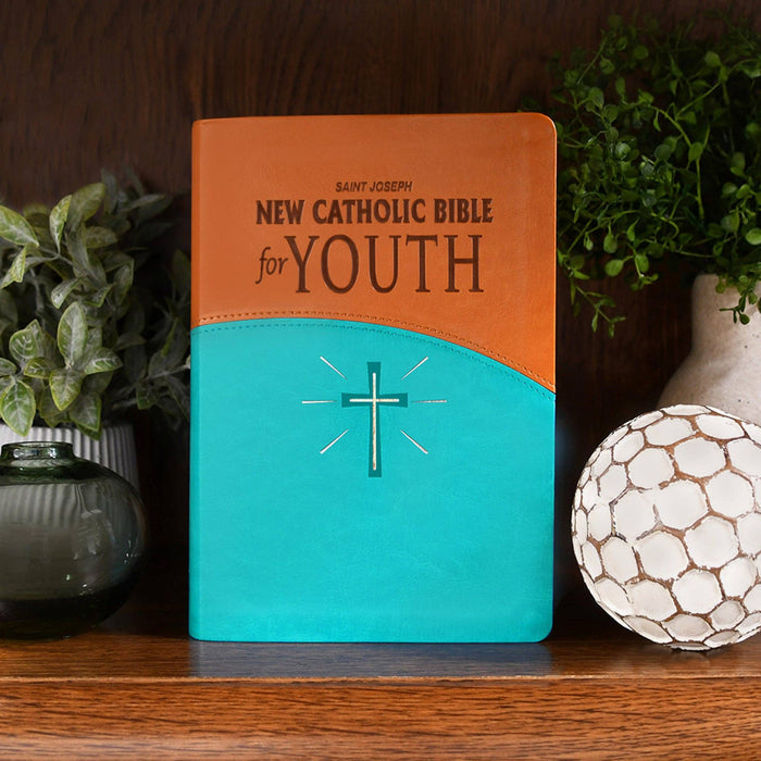 Blue and orange Catholic Bible for Youth on a wooden surface with plants in the background