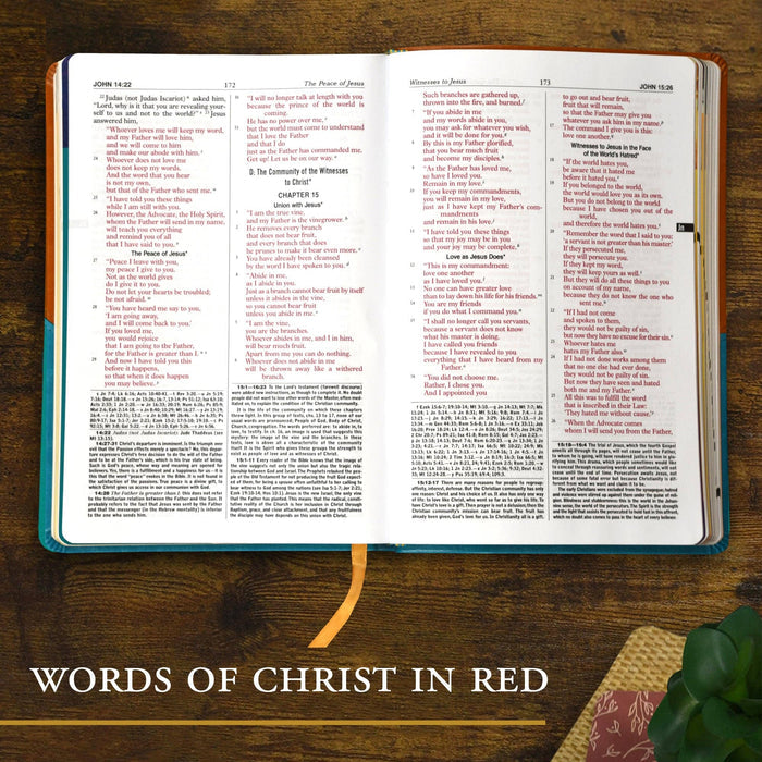 Open book with red text on a wooden surface