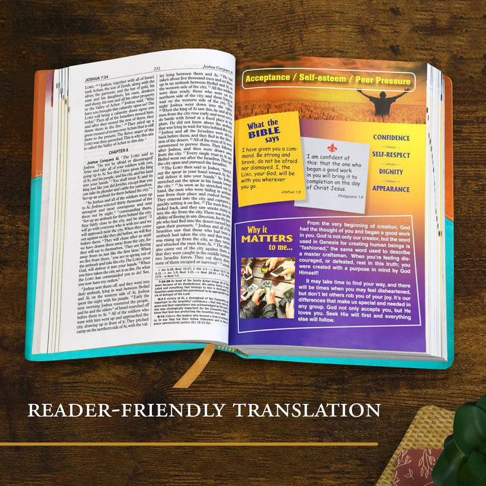 Open book with colorful inserts on a wooden surface, labeled 'Reader-Friendly Translation'.