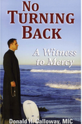 Book cover of 'No Turning Back: A Witness to Mercy' with a person on a beach.