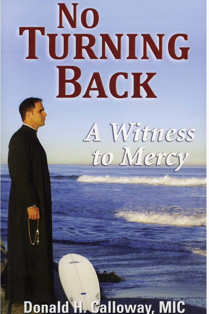 Book cover of 'No Turning Back: A Witness to Mercy' with a person on a beach.