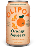 Aluminum can of OLIPOP Orange Squeeze soda with condensation, featuring orange fruit graphics and dark green text on peach-co