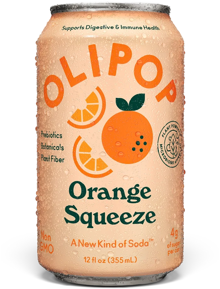 Aluminum can of OLIPOP Orange Squeeze soda with condensation, featuring orange fruit graphics and dark green text on peach-co
