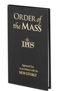 Black book titled 'Order of the Mass' with gold text on a white background