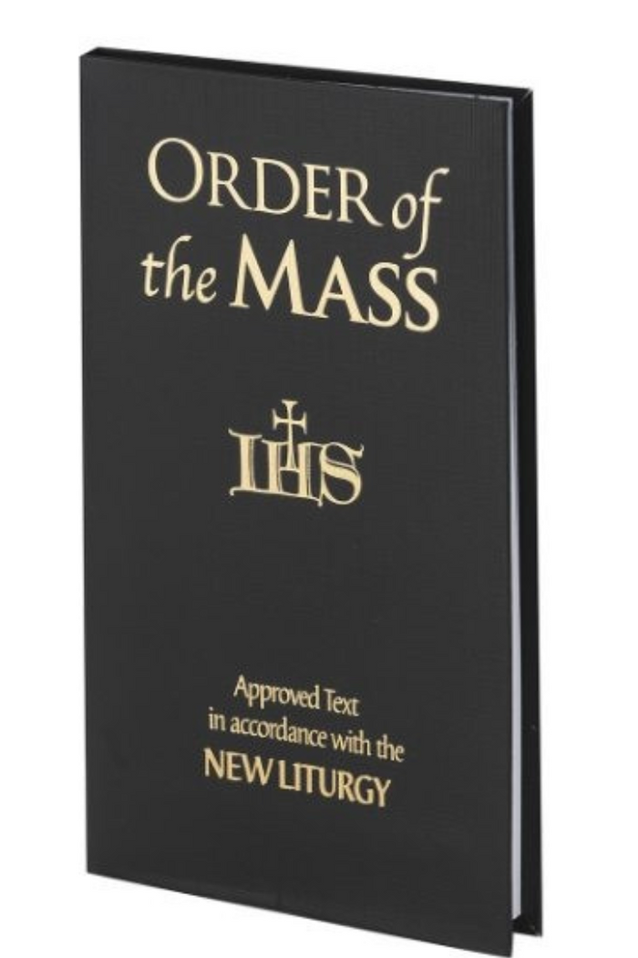 Black book titled 'Order of the Mass' with gold text on a white background