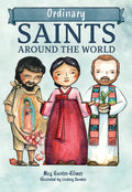 Book cover of 'Ordinary Saints Around the World' with illustrations of three people holding religious icons.